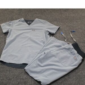 NWOT FIGS Reversible Scrub Set Light Blue Charcoal Grey V-Neck Top Pants Size-S